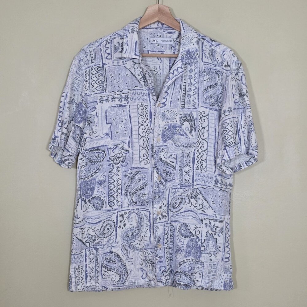 Zara Linen Blend Shirt Mens M White Blue Paisley SS Lightweight Breathable Beach